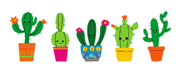 Fototapeta premium Vector illustration set of funny cactus characters in cartoon style isolated on white background