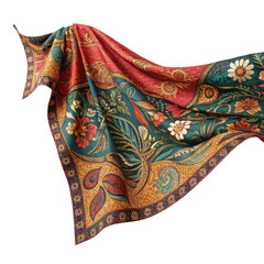 Elegant silk scarf with intricate floral patterns and vibrant colors, showcasing blend of red, green, and gold tones