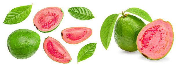 sliced guava with green leaves isolated on white background. clipping path