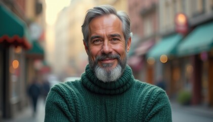 Fototapeta premium Portrait of a mature man with gray hair and beard wearing a green turtleneck sweater on a blurred street background