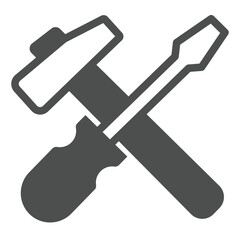 Screwdriver and hammer solid icon, repair service concept. Vector graphics. Repair tools sign on white background, glyph style icon for mobile or web design.