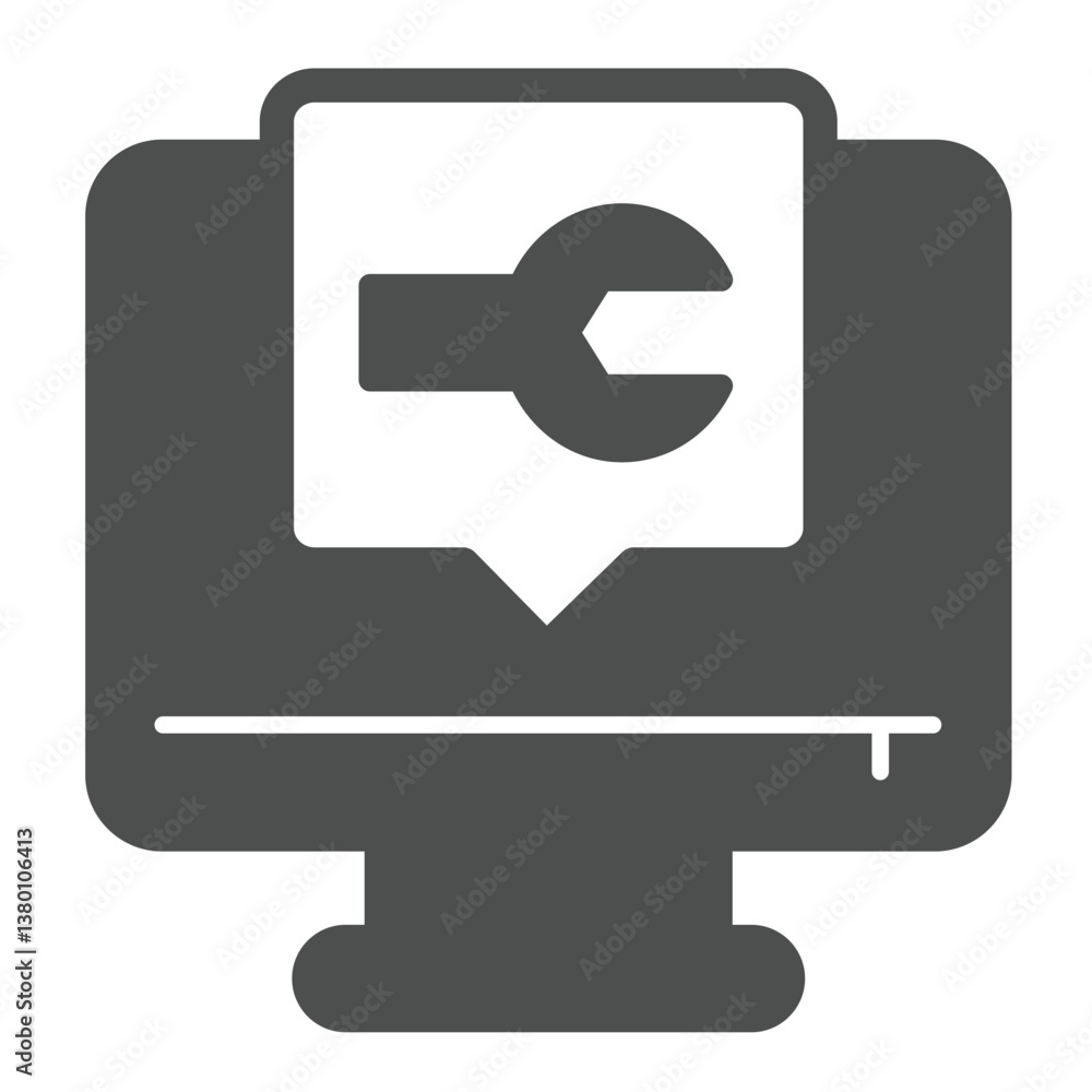 Poster monitor screen with wrench popup window solid icon, repair service concept. vector graphics. compute