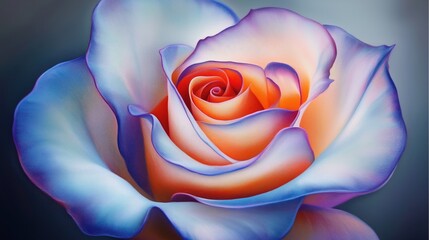 A colorful rose, the petals show gradient blue, purple and orange, the heart of the flower is bright orange-red, the picture is beautiful and romantic, full of artistic sense.