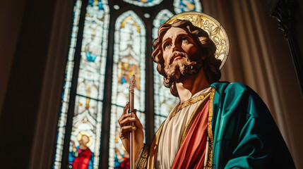 Fototapeta premium detailed statue of religious figure stands front of stained glass window, showcasing intricate designs and vibrant colors
