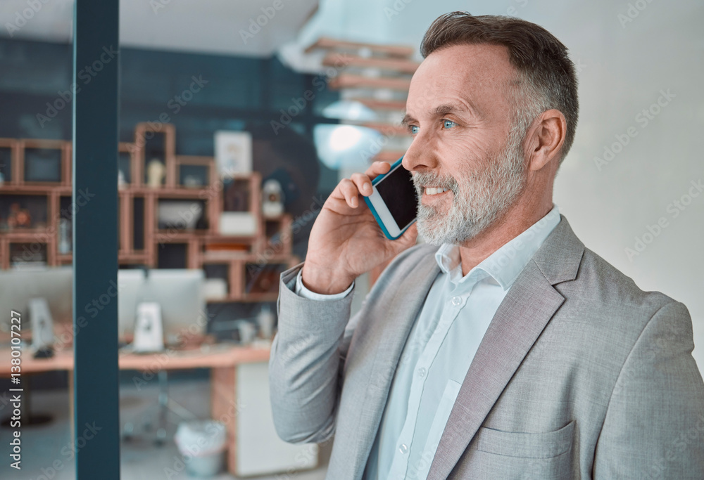 Poster office, mature man and phone call for networking with talking, listening and planning with contact. 