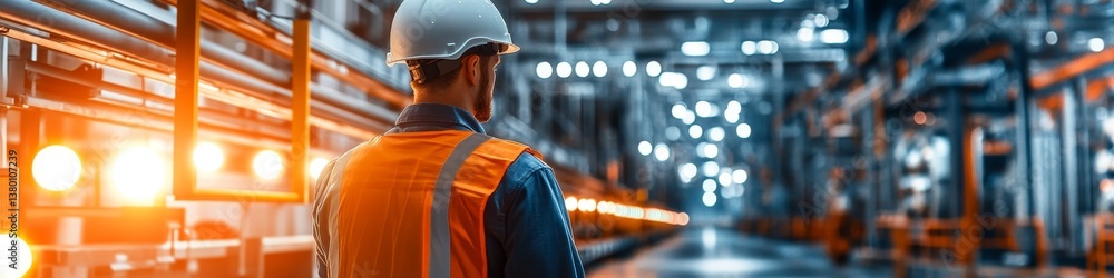 Aufkleber industrial engineer in hard hat overseeing production process in automated factory with bokeh