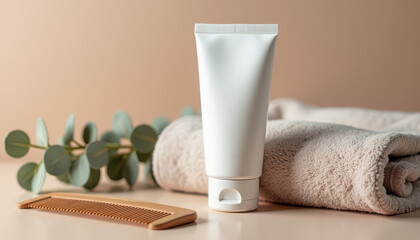 Shampoo tube mockup. Blank shampoo squeeze tube mockup with natural elements in soft light