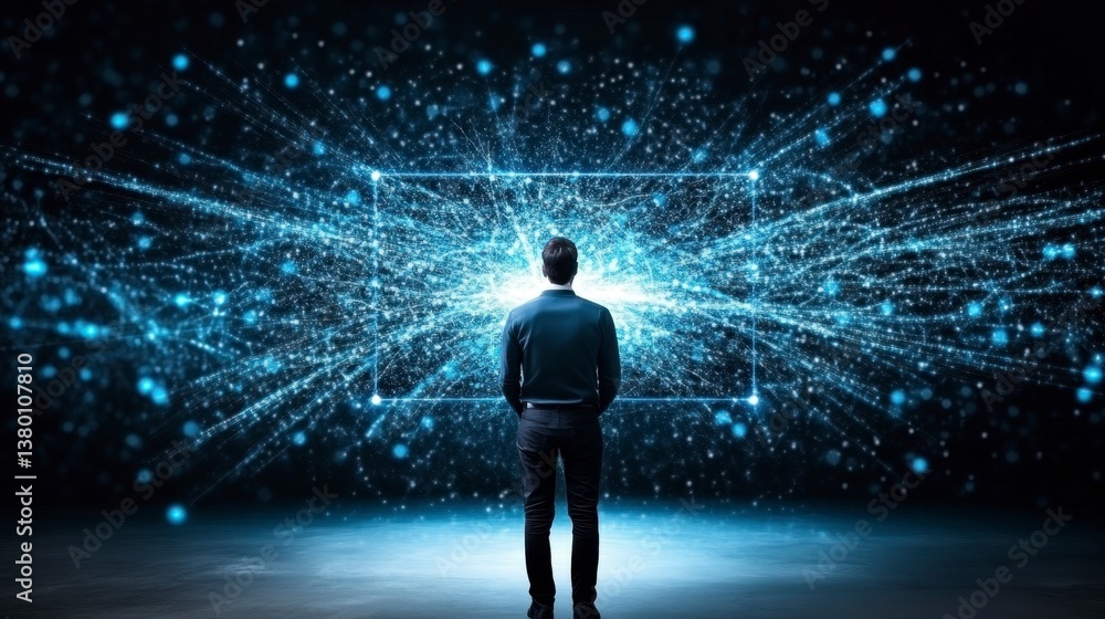 Poster a man in a dark suit stands before a large screen displaying a complex network of blue light trails 