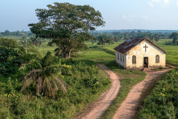 serene landscape featuring rustic church surrounded by lush greenery and winding dirt road, evoking sense of peace