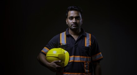 Construction worker in navy uniform with reflective stripes holding yellow safety helmet on dark background. Industrial safety and occupational protection. Construction site professional portrait