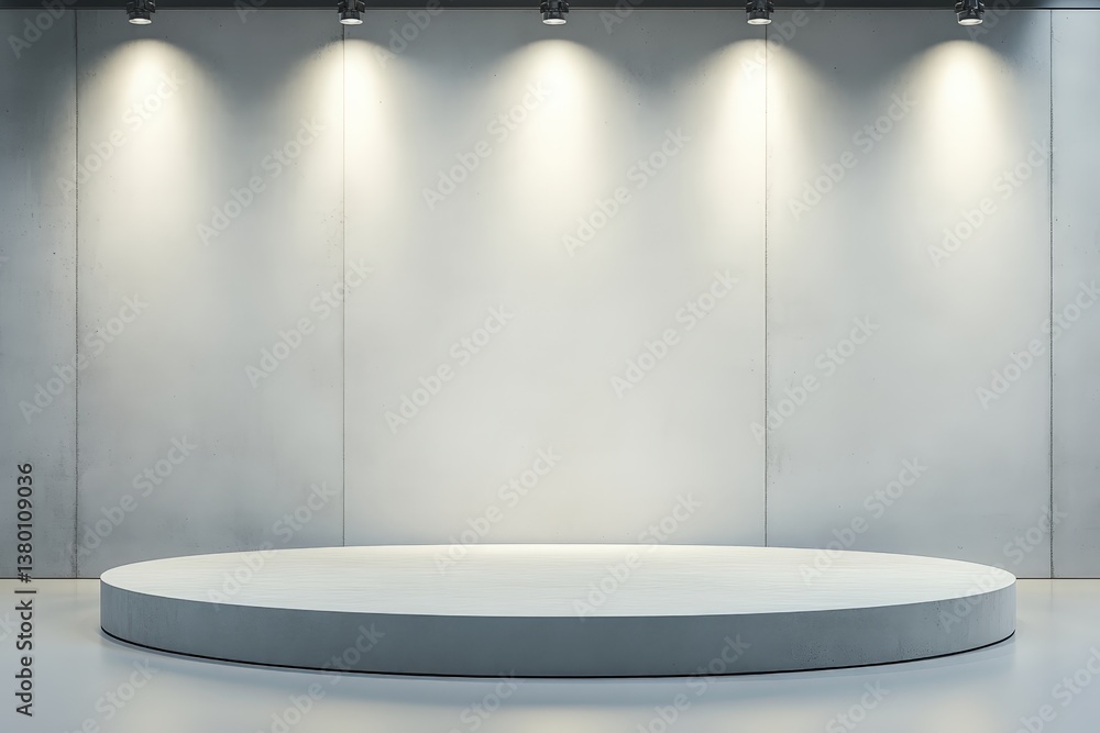 Poster a minimalist stage with a circular platform and illuminated concrete walls, ideal for presentations 