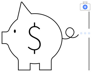 Piggy bank outlined with dollar sign and medical kit, symbolizing economic planning, budgeting for medical emergencies, health savings, personal finance, and well-being management. Ideal for health
