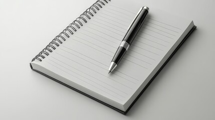 A sharp 3D close-up of a notebook with a pen resting on its pages, placed on a clean white background with negative space