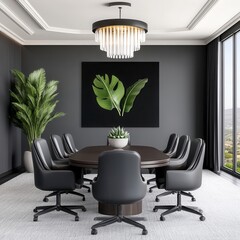 Modern conference room interior with dark walls, large windows, and a round table surrounded by black leather chairs. A large piece of artwork featuring tropical leaves hangs above the table.