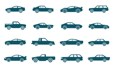 Car silhouettes vector set in teal blue, modern and classic vehicle icons