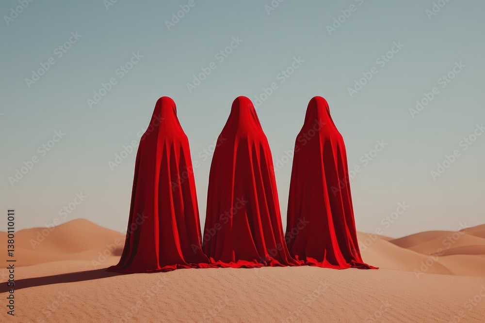 Poster Three figures in red cloaks stand on a sandy dune under a clear sky, creating a striking visual contrast in a desert landscape.