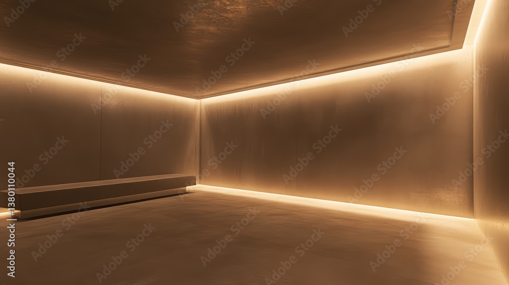 Poster a simple, empty room with beige minimalist walls and a ceiling with soft recessed lighting.