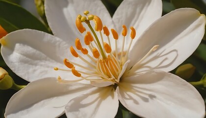 Obraz premium Close-up of Blooming White Flower with Yellow Stamens and Green Leaves