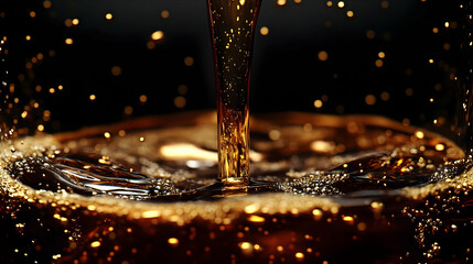 Dark liquid pouring, bubbles, close-up, drink