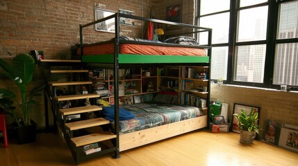 Fototapeta premium Modern loft apartment bedroom featuring a metal and wood bunk bed with integrated stairs and shelving, exposed brick walls, and large windows.