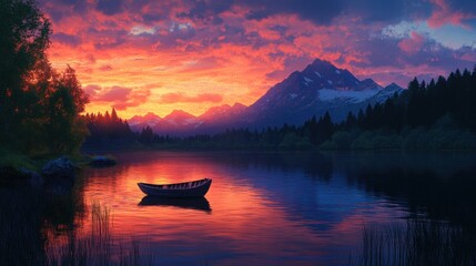 Serene sunset boat lake mountainscape; tranquil nature scene