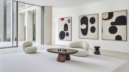 Modern minimalist living room interior with abstract art, plush seating, and a wooden coffee table. 
