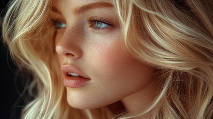 Blonde haired woman, blue eyes, fair skin with freckles, side profile