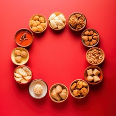 Circle of Delicious Snacks on Bright Red Background