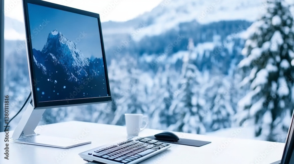 Poster modern workspace with computer displaying a mountain scene, set against a snowy mountain background.