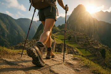 A Hiker Walking Along the Legendary Trail to Machu Picchu, Peru, Embracing Adventure, History, and Tradition Beneath the Glorious Sun