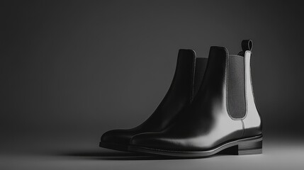A sleek pair of black leather boots standing on a dark grey background, simple and elegant.