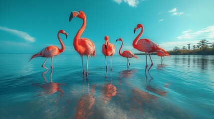 Obraz premium Five Flamingos in a Tropical Paradise
