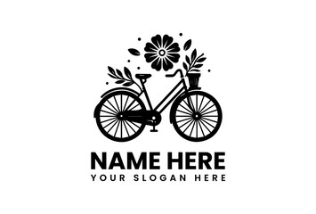 Fototapeta premium Monochrome Vector logo Bicycle with Flowers Illustration. Minimalist Nature Art