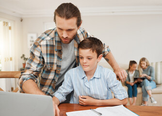 Education, child and dad at computer for learning, maths homework and home school. Help, father and...