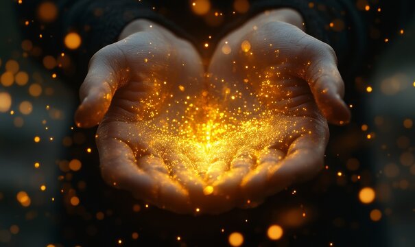 a pair of hands cupped together, holding a cluster of glowing particles in the darkness. The image evokes a sense of magic, wonder, and the nurturing touch of the hands. 