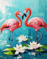 Pink Flamingos Embracing Near Water Lilies in Vibrant Scene