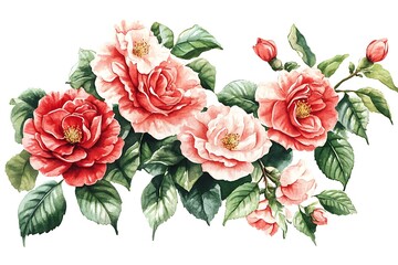 Watercolor Floral Illustrations &ndash; Red & Pink Roses with Camellia Bouquets