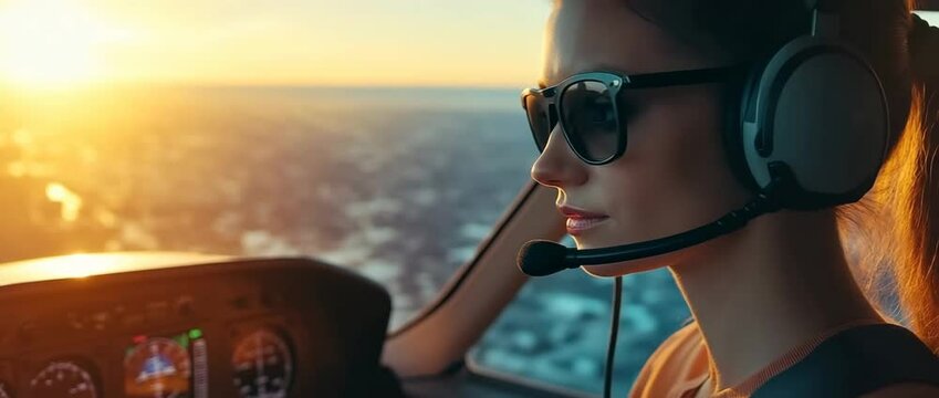 A pilot conversing with a dispatcher while operating a tiny aircraft while donning an aviation headset