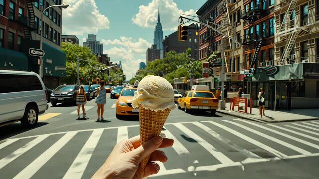 People cross the street in New York City while someone holds an ice cream cone under a bright blue sky