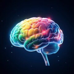 Abstract digital rendering of a human brain with a rainbow color palette, glowing effect, and dark background.