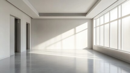 A spacious, empty interior with light gray minimalist walls and a simple ceiling, perfect for creative use.