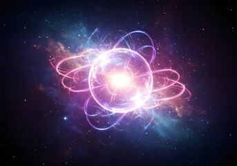 Glowing atom illustration, energy sphere, orbital motion, concept of science, physics, galaxy, cosmos, particles in space, abstract background.
