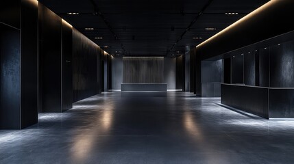 A spacious, empty room with black walls and a concrete floor, featuring a clean and minimalist design.