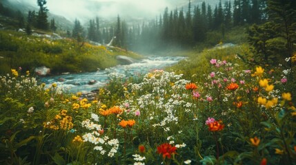 Fototapeta premium Mountain stream wildflowers misty forest landscape, nature postcard