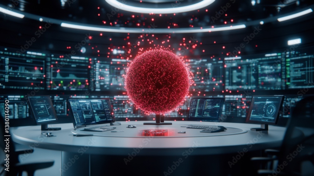 Aufkleber red glowing sphere on a monitor in a futuristic control room. data streams surround the sphere. dark