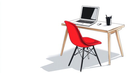 Red chair at a minimalist wooden desk with laptop and coffee cup, bright workspace. 