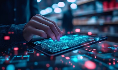 Obraz premium A person's hand interacts with a digital tablet, displaying complex data in a futuristic setting. The scene evokes a sense of technological advancement and digital innovation