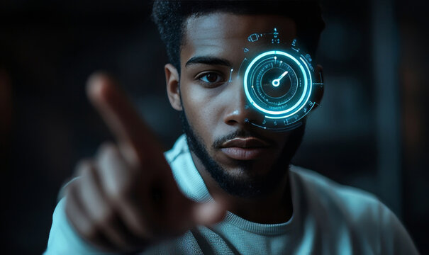 A man with a digital clock projection on his face reaching towards the viewer, possibly indicating time-related concepts or futuristic technology