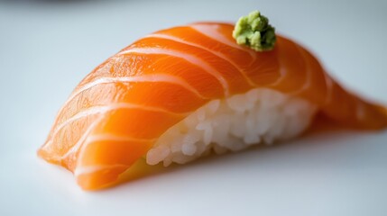 Close-up of Fresh Salmon Sushi Nigiri with Wasabi Garnish on Plate