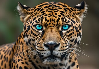 Obraz premium Majestic Jaguar Portrait with Striking Blue Eyes - Wild Animal Beauty, Big Cat Close-up, Wildlife Photography.